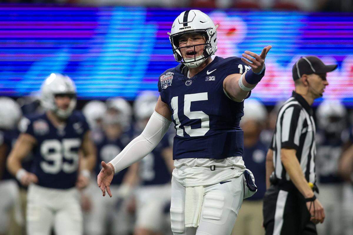Dec 30, 2023; Atlanta, GA, USA; Penn State Nittany Lions quarterback Drew Allar (15) reacts to a referee against the Mississippi Rebels in the first quarter at Mercedes-Benz Stadium. Mandatory Credit: Brett Davis-USA TODAY Sports