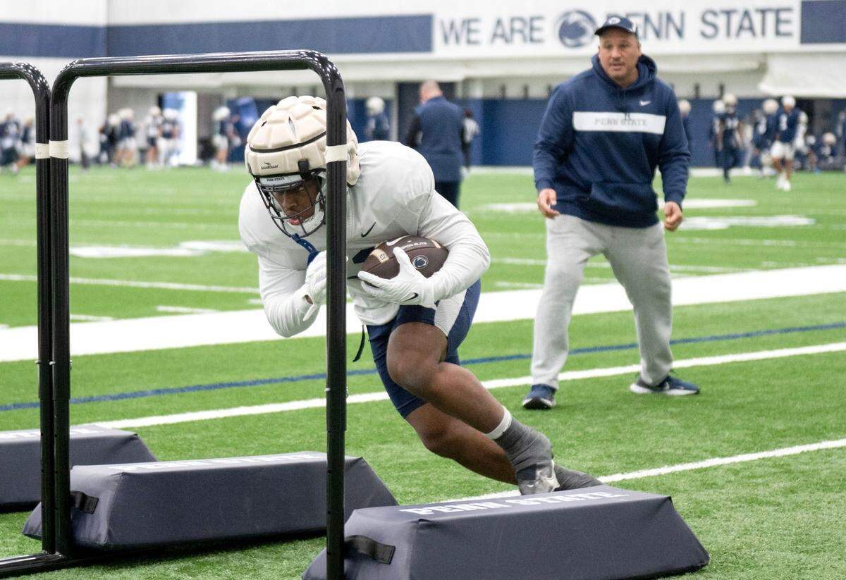 Penn State running back Kaytron Allen runs a drill during practice on Friday, Dec. 27, 2024 at Holuba Hall.