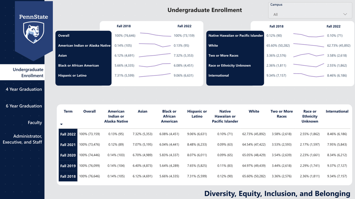 A sample view of Penn State’s diversity, equity, inclusion and belonging (DEIB) dashboard. The tool aims to track progress while promoting accountability, the university says.
