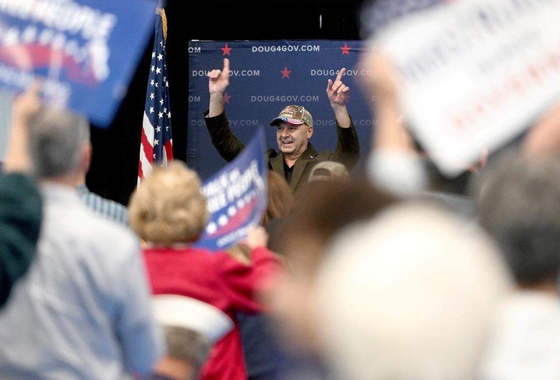 Supporters cheer for republican nominee for governor of Pennsylvania Doug Mastriano during his rally at C3 Sports on Tuesday, Nov. 1, 2022.