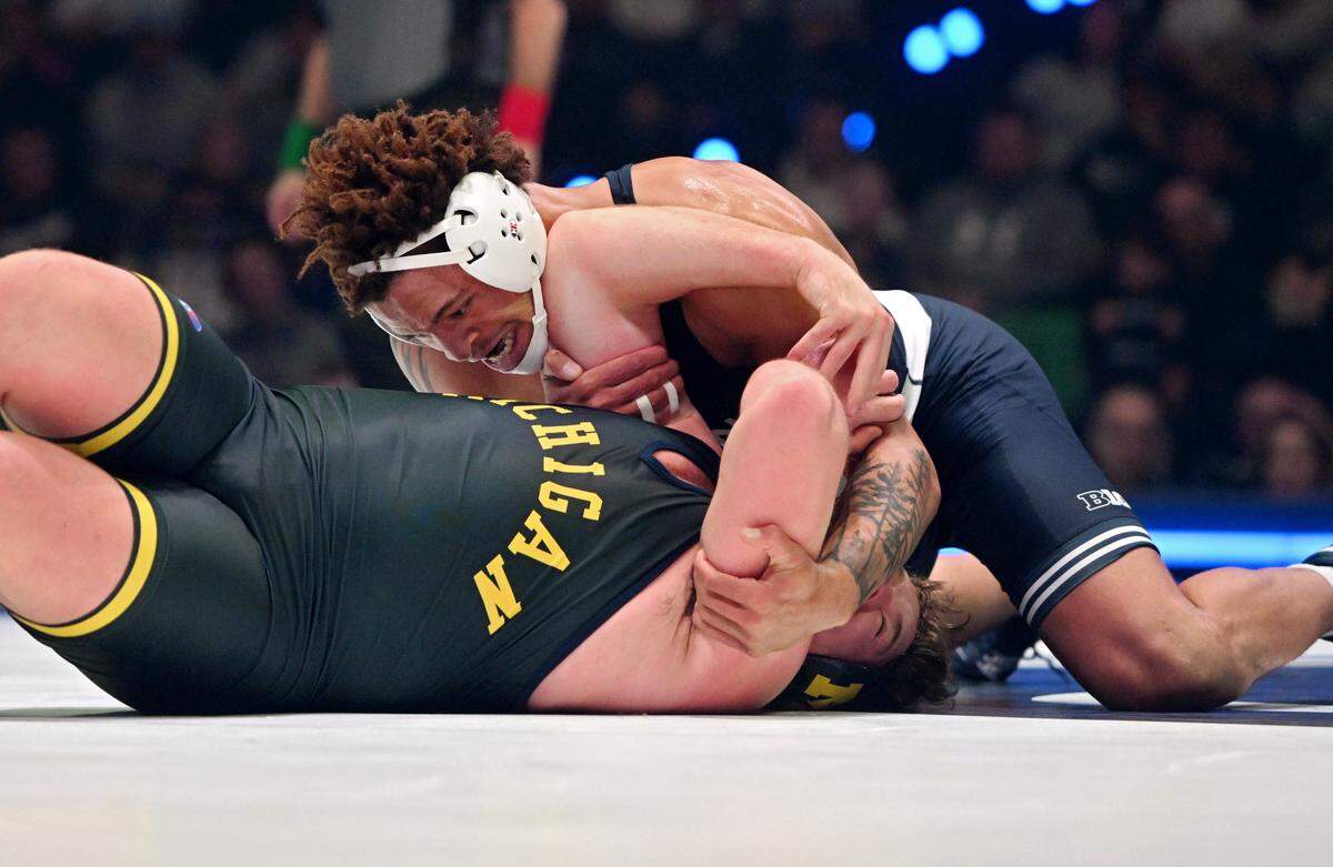 Penn State’s Greg Kerkvliet controls Michigan’s Josh Heindselman in the 285 lb bout of the match on Friday, Feb. 7, 2025 in the Bryce Jordan Center. Kerkvliet won by decision, 6-0.