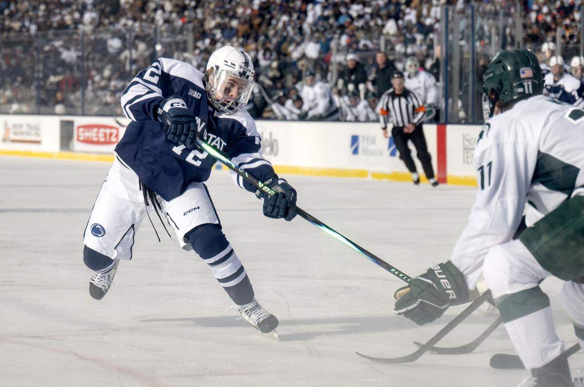 Penn State's Gavin McKenna gets a goal in the second period of the game against Michigan State at Beaver Stadium on Saturday, Jan. 31, 2026.