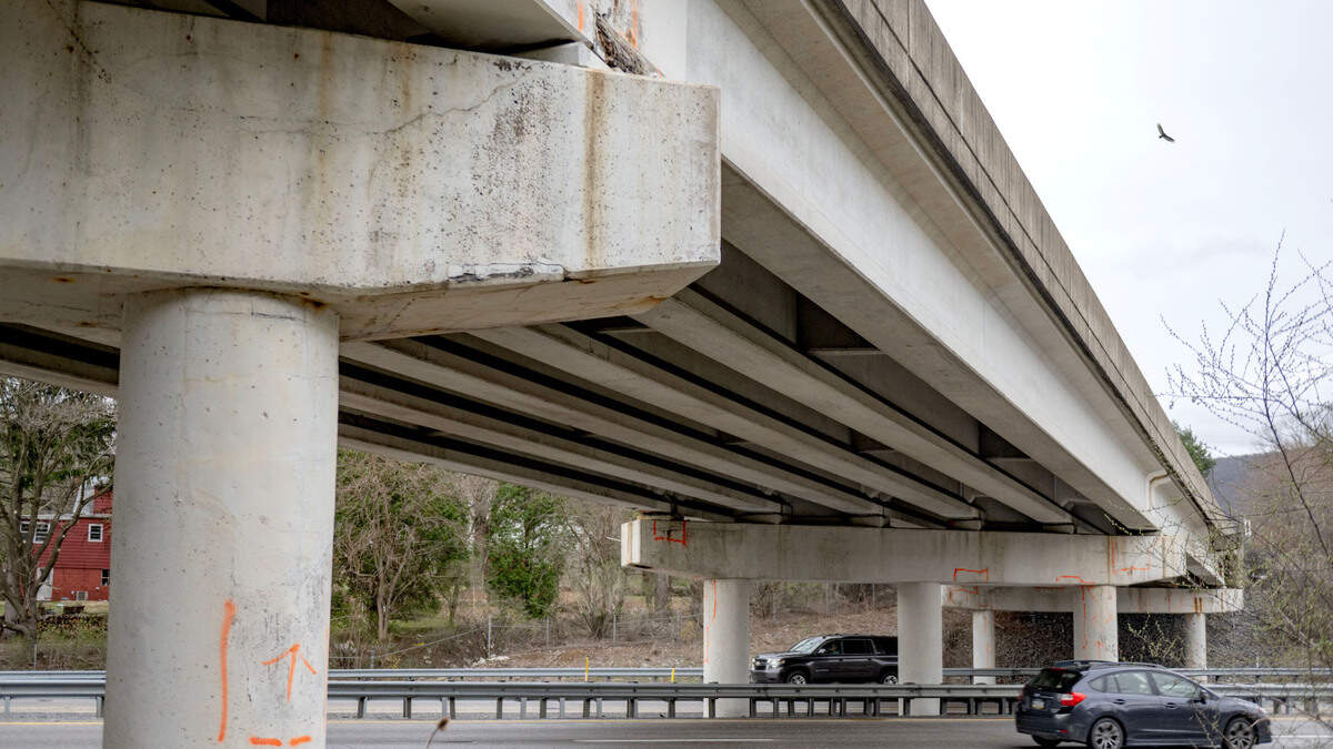 Traffic on U.S. Route 322 passes under the Elmwood Street bridge on Thursday, April 3, 2025. PennDOT will be working on the bridge for the next several months.