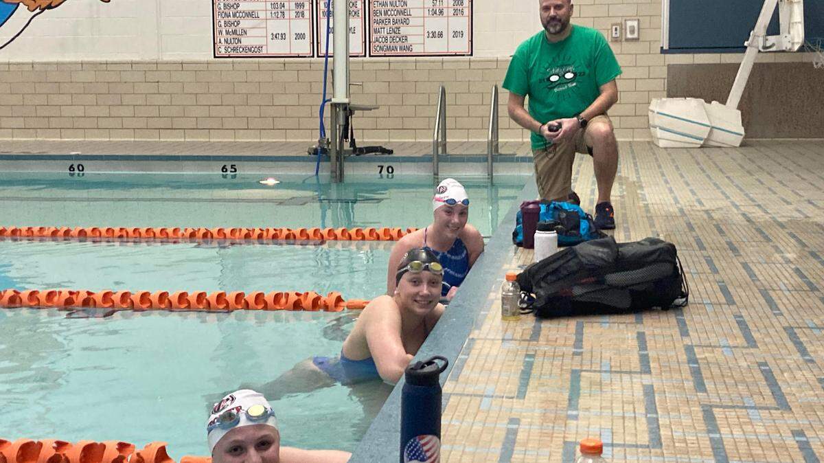Bellefonte swimmers Addie Pringle (bottom), Finley Musser (middle) and Kate Rarrick (top) practiced with head coach Tony Edmondson on Monday, prior to state championships on Friday.