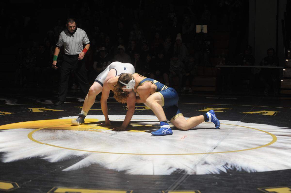 Bald Eagle Area’s Matthew Knepp controls Brookville’s Caden Marshall during their 215-pound bout during the Eagles’ 45-23 win on Thursday. Knepp, who was awarded a scholarship before the dual began, beat Marshall 14-10.