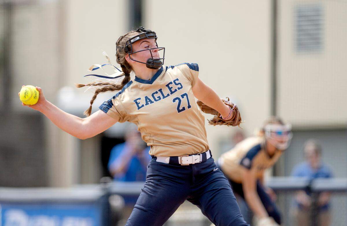 Bald Eagle Area’s Sierra Albright pitches in the game against Everett for the PIAA Class 2A championship game at Beard Field on Thursday, June 15, 2023.