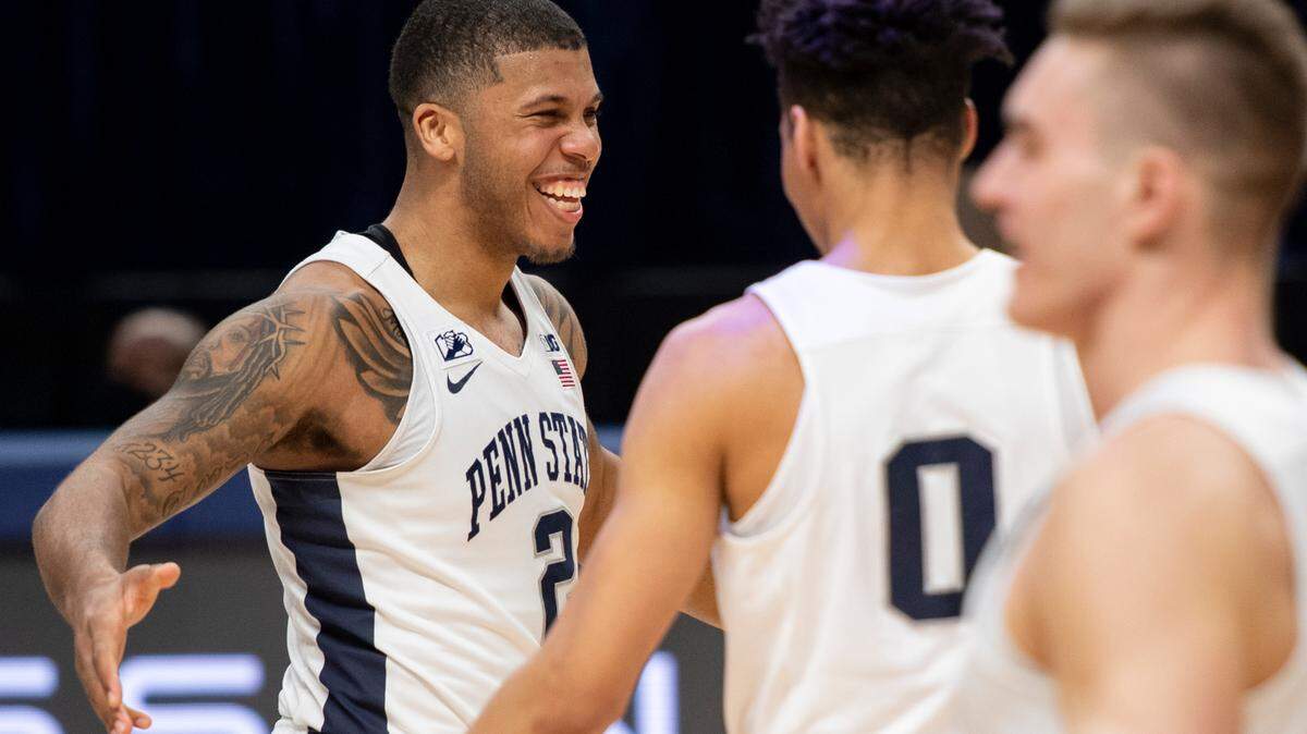 Penn State Nittany Lions guard Myles Dread (2) celebrates with guard Myreon Jones (0) after scoring a buzzer beater three point shot during an NCAA college basketball game Wednesday, March 3, 2021, in State College, Pa.