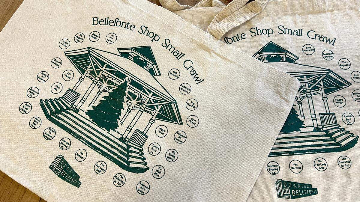 The Bellefonte Shop Small Crawl tote bags are available for shoppers to fill with pins from participating retailers. 