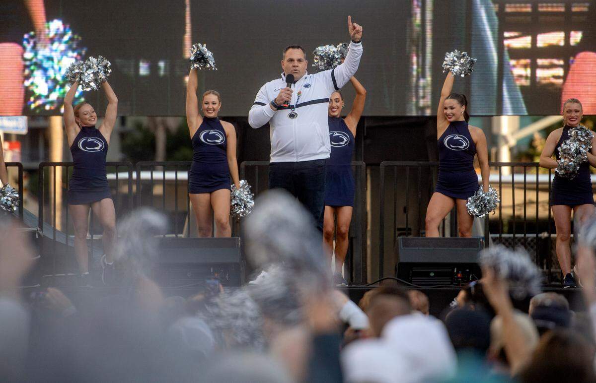 Penn State Vice President for Intercollegiate Athletics Pat Kraft pumps up the crowd during the pep rally hosted by the Penn State Alumni Association at LA Live on Sunday, Jan. 1, 2023.