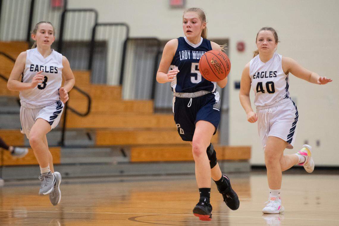 Philipsburg-Osceola’s Khendyl Sharrer dribbles the ball during a high school girls basketball game featuring Bald Eagle Area and Philipsburg-Osceola on Thursday, Jan. 20, 2022 in Bellefonte, Pa. Bald Eagle defeated Philipsburg-Osceola 56-16.