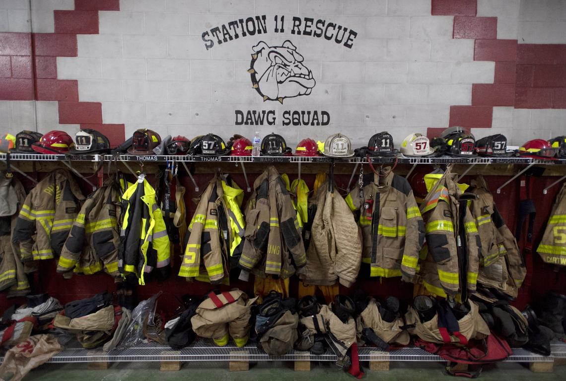 The back wall of the Hope Fire Department, part of the Philipsburg Fire Company, houses all the gear for its volunteers.