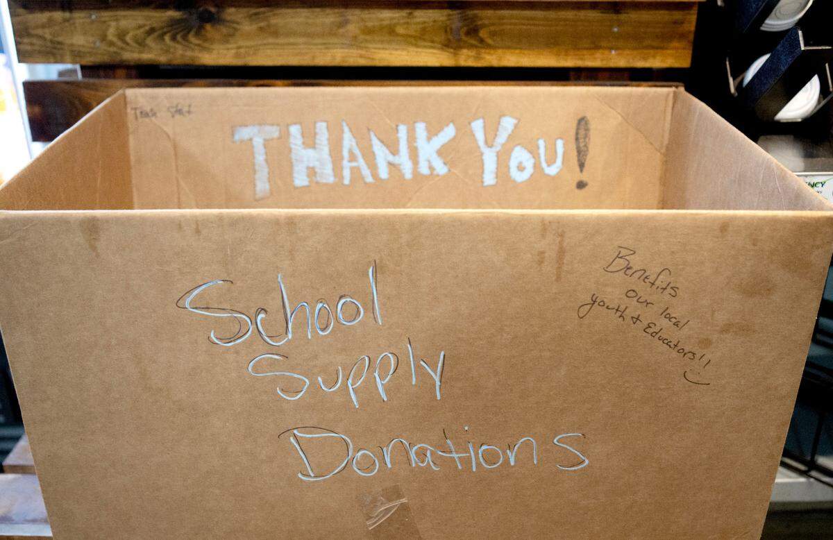 A box to donate school supplies is pictured at Little Mamma’s in Pleasant Gap.
