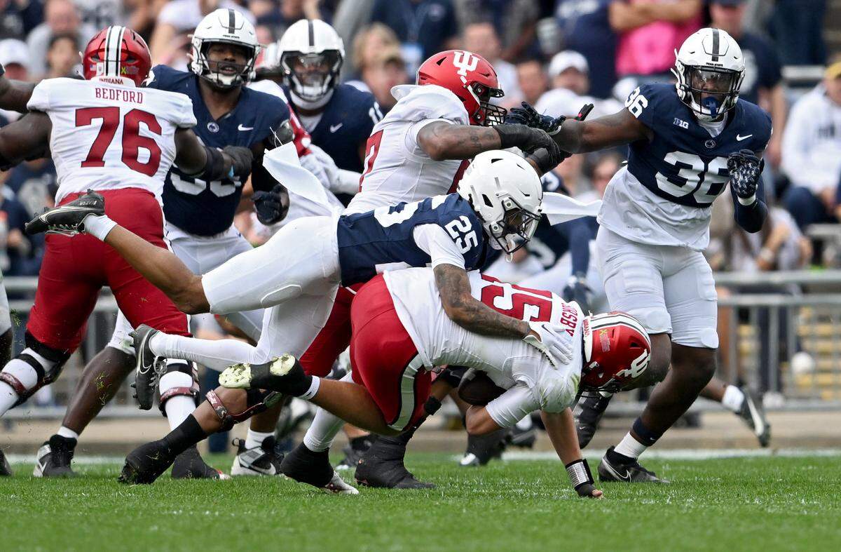 Penn State cornerback Daequan Hardy sacks Indiana quarterback Brendan Sorsby during the game on Saturday, Oct. 28, 2023.