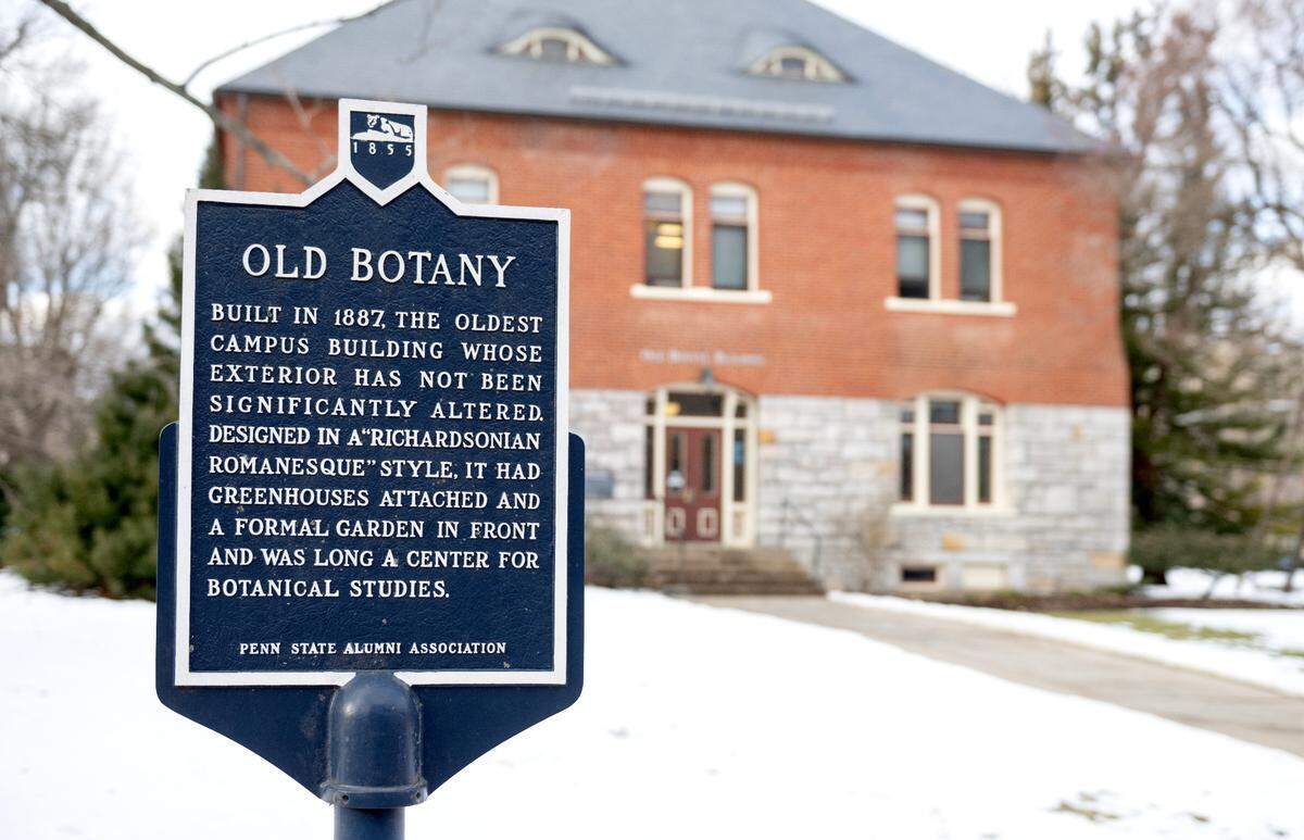 The Penn State Alumni Association historical marker outside of Old Botany, the oldest campus building whose exterior has been changed, on Friday, Jan. 17, 2025.