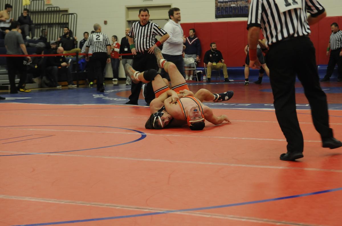 Bald Eagle Area’s Dylan Bisel scores near-fall points on Latrobe’s Tyler Ross in their 182-pound quarterfinals match of the Ultimate Warrior Tournament at West Branch High School in Allport on Friday, January 25, 2019. Bisel won 12-2 to be one of two Eagles in the semifinals.