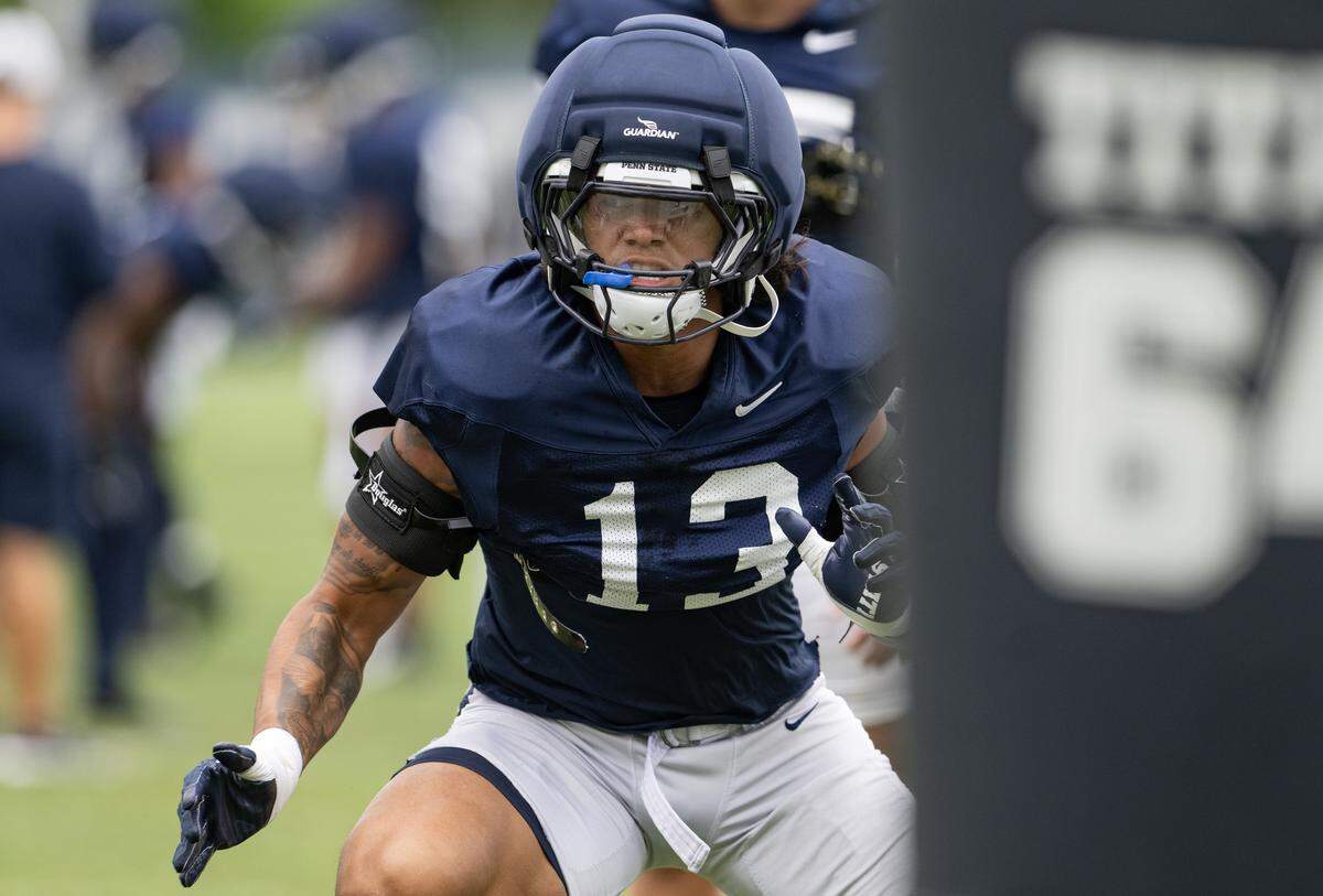 Penn State linebacker Tony Rojas runs a drill during practice on Tuesday, Aug. 19, 2025.  