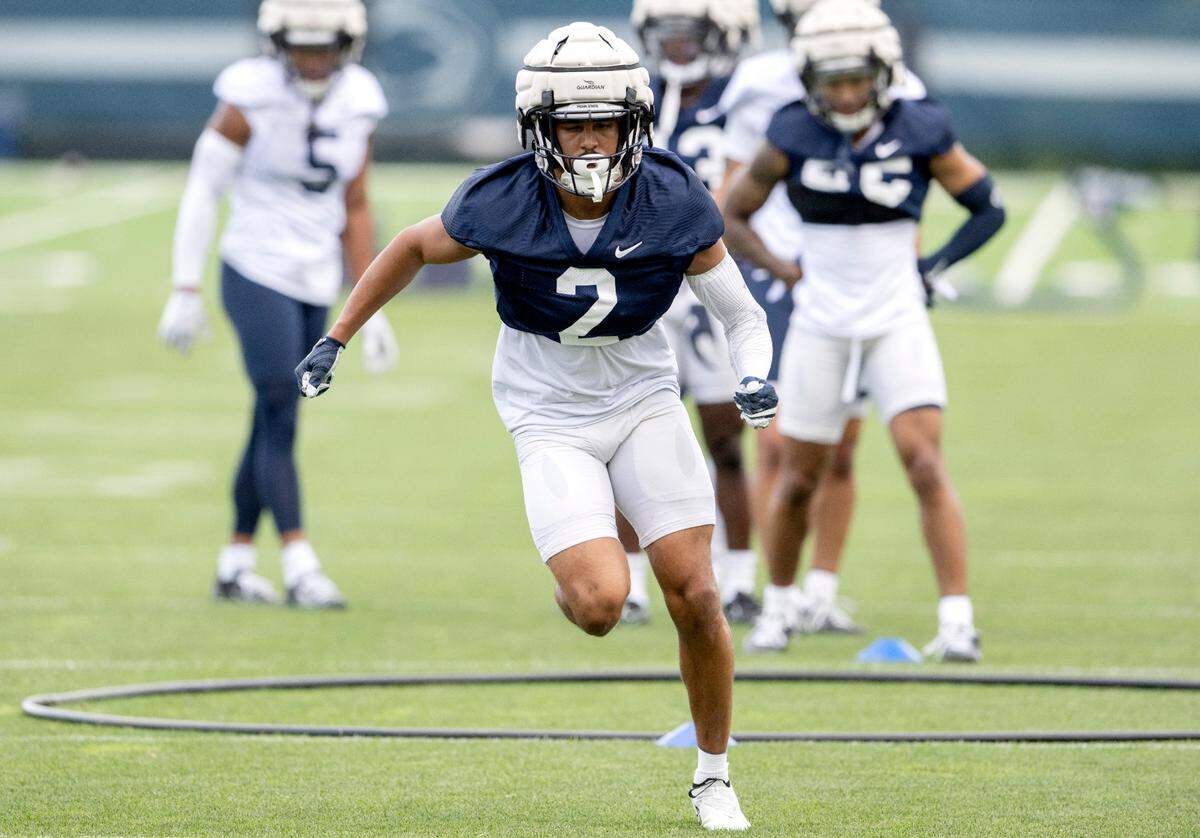Penn State safety Keaton Ellis runs a drill during the first day of practice on Monday, Aug. 1, 2022.