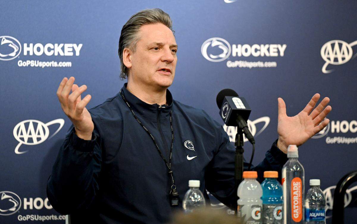 Penn State hockey coach Guy Gadowsky talks to the media on Monday, April 7, 2025 at Pegula Ice Arena.