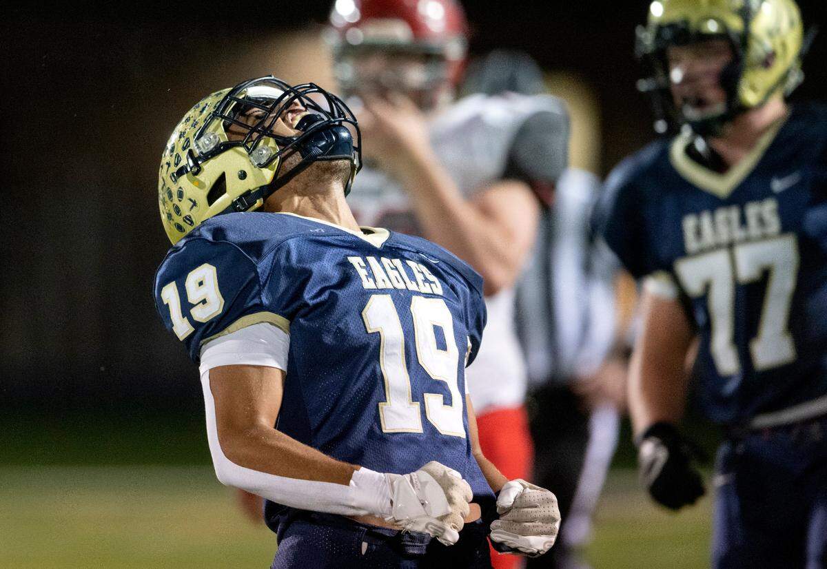 Bald Eagle Area’s Camron Watkins celebrates sacking the Purchase Line quarterback during the game on Friday, Oct. 28, 2022.