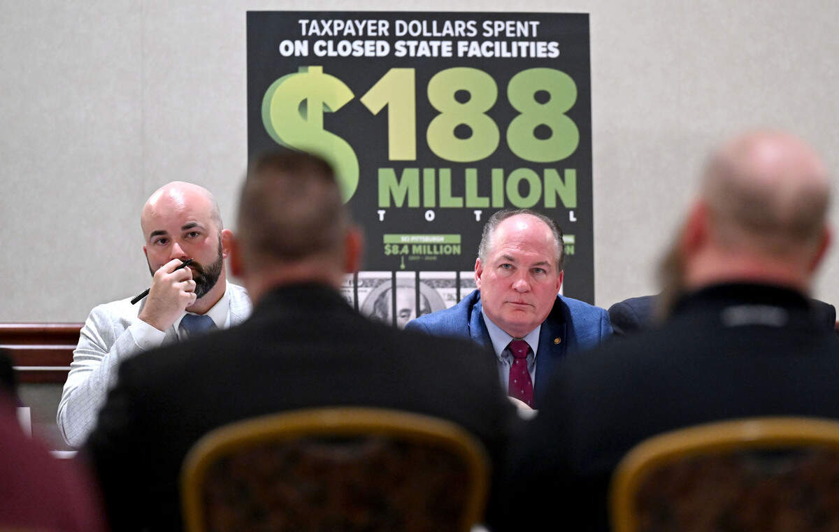 Policy Committee Chairman David H. Rowe (R-Snyder/Union/Mifflin/Juniata) and Rep. Kerry Benninghoff (R-Centre/Mifflin) listen to panelist talk about the proposed closer of SCI Rockview and Quehanna Bootcamp during a Republican Policy Committee hearing on Monday, April 14, 2025.