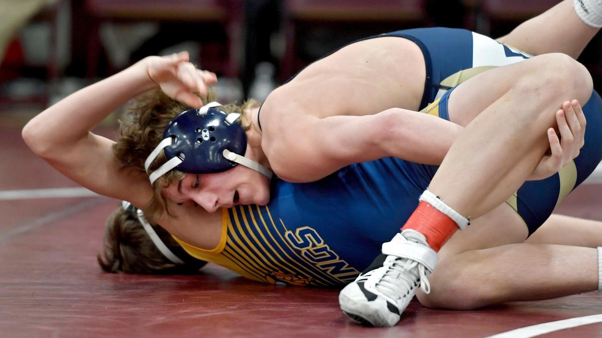 Bald Eagle Area’s Cooper Gilham rolls Glendale’s Mason St. Clair on his back in a 120 lb bout during the District 6 2A tournament on Friday, Feb. 14, 2020. Gilham won by fall.