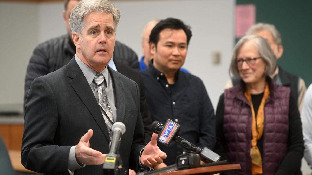 State Rep. Scott Conklin speaks at a press conference in March 2023. Conklin plans to seek his 11th term representing Pennsylvania’s 77th House District.