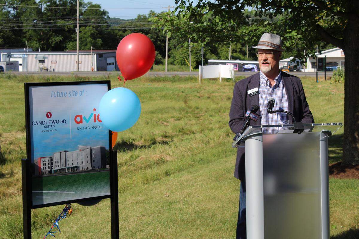 Centre County Commissioner speaks at the groundbreaking for IHG’s new dual brand hotel on Benner Pike.
