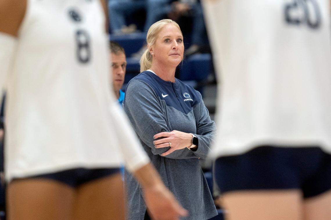 Penn State women’s volleyball coach Katie Schumacher-Cawley during the match against Howard on Friday, Sept. 16, 2022.