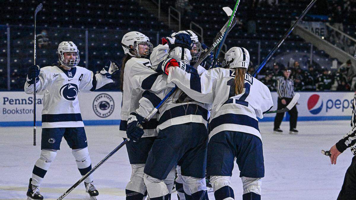 Penn State’s celebrates after a goal in the final minutes to tie the game with Mercyhurst. The Nittany Lions picked up and exciting 2-1overtime win over the Lakers on Friday afternoon Jan. 28, 2022 in Pegula Ice Arena. Photo by Mark Selders
