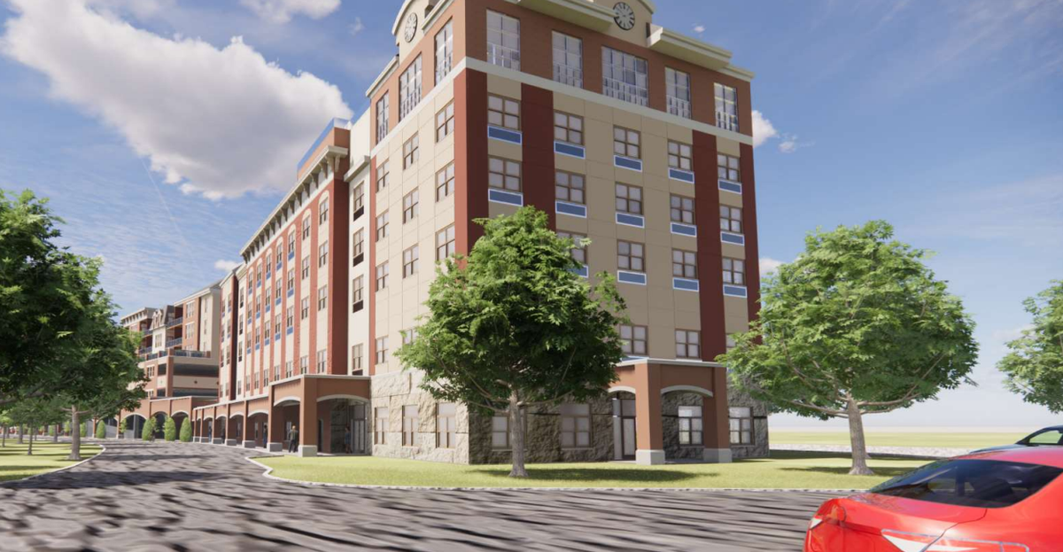 A rendering of the Bellefonte Waterfront Project’s second building, which would house commercial space, a parking garage and condominiums as shown in the meeting presentation.