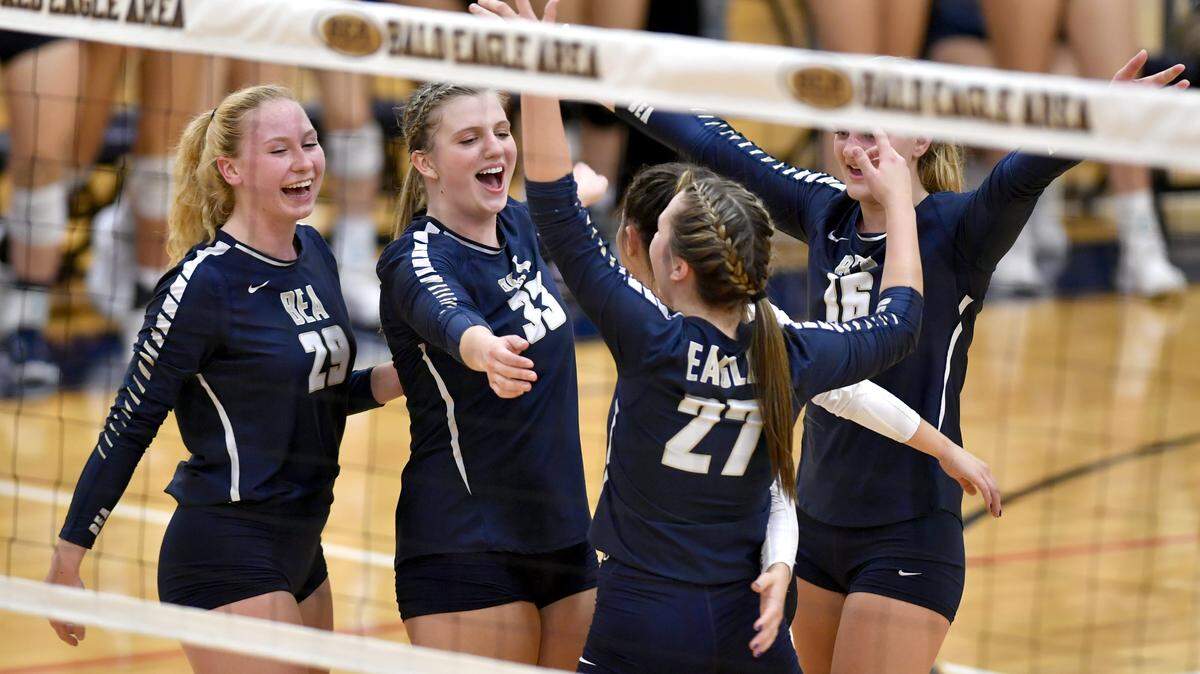 Bald Eagle Area girls’ volleyball celebrates the three-set win over Forest Hills in the District 6 AA quarterfinals on Tuesday. The Eagles went on to win the District 6 championship on Saturday.