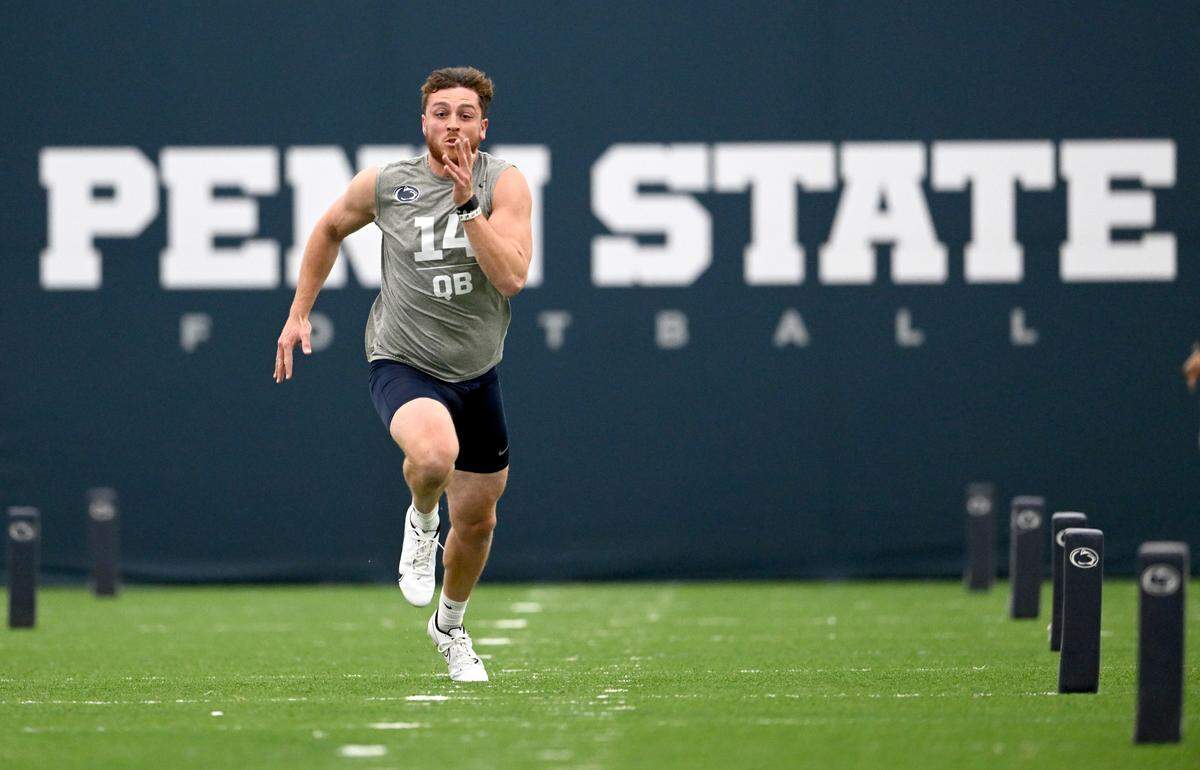 Quarterback Sean Clifford runs the 40 yard dash during Penn State football’s Pro Day on Friday, March 24, 2023.
