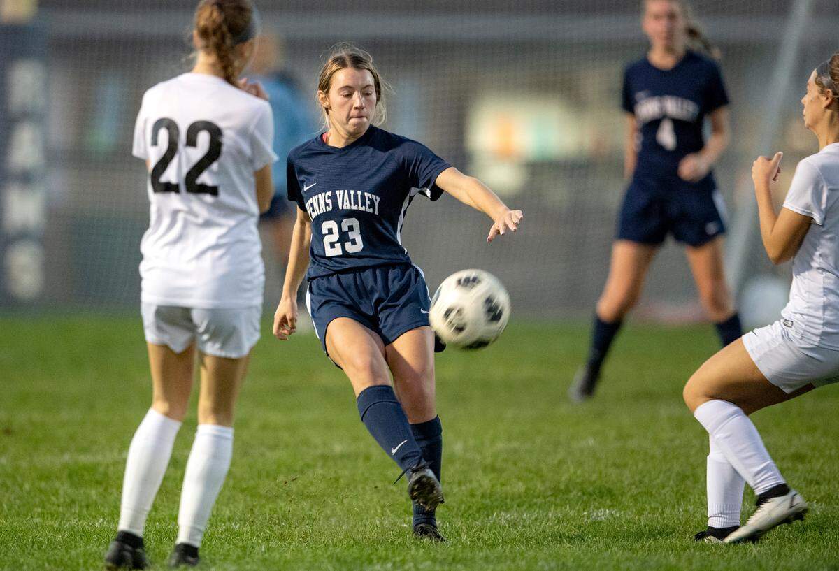 Penns Valley’s Paige Dobson makes a pass during the soccer game against Clearfield on Wednesday, Oct. 20, 2021. Clearfield won, 3-1.