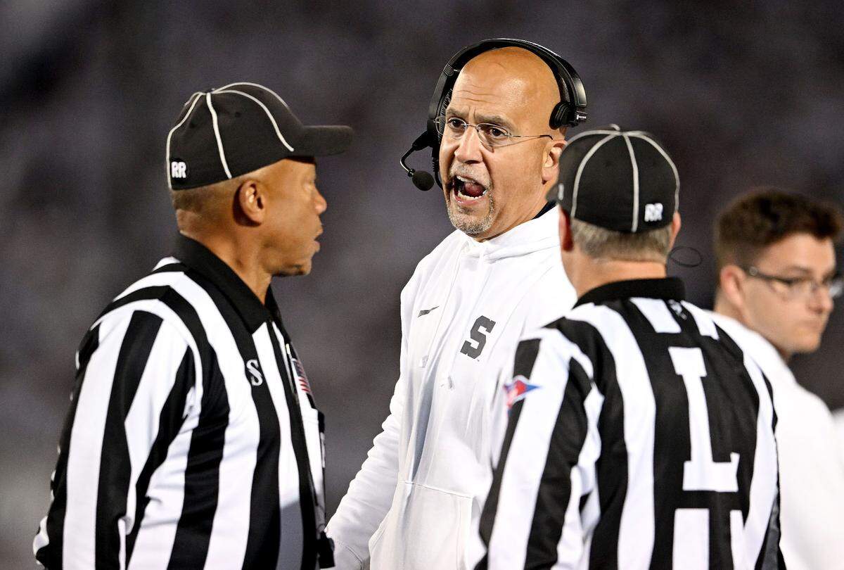Penn State football coach James Franklin talks to the refs during the game against Washington on Saturday, Nov. 9, 2024.