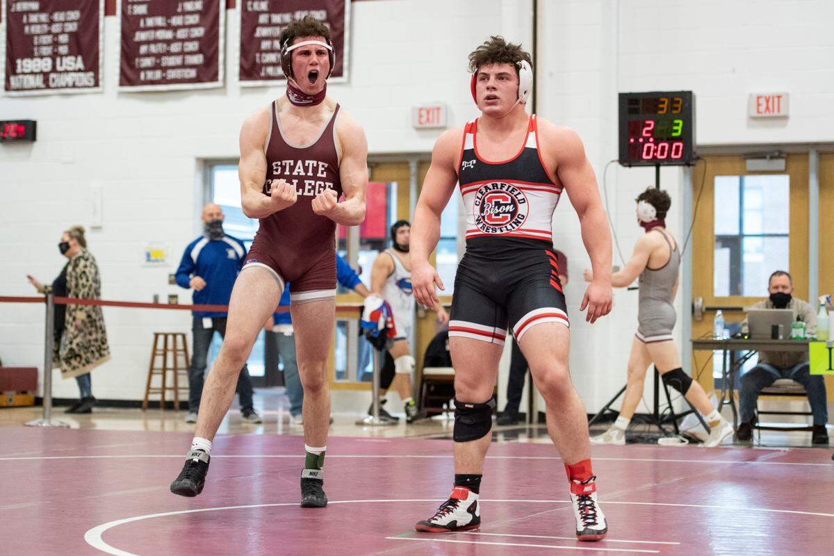 State College’s Ty Price celebrates defeating Clearfield’s Mark Mcgonigal during the PIAA NW AAA Regional Wrestling Tournament at Altoona Area High School on Feb. 27, 2021 in Altoona, PA.