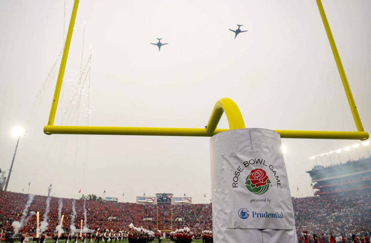 Two B1B planes fly over the Rose Bowl Stadium before the game between Penn State and Utah on Monday, Jan. 2, 2023.