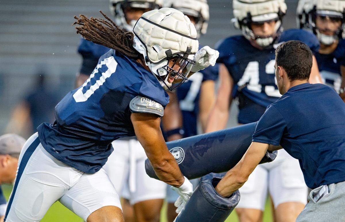 Penn State safety Jonathan Sutherland runs a drill during practice on Wednesday, Aug. 25, 2021 in Beaver Stadium.