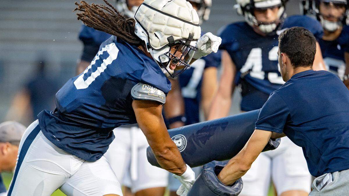 Penn State safety Jonathan Sutherland runs a drill during practice on Wednesday, Aug. 25, 2021 in Beaver Stadium.