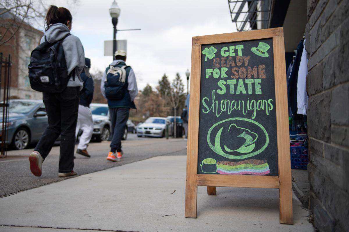 A State Patty’s Day themed sign is displayed outside of Lion & Cub on Feb. 23, 2022 in State College, Pa. State Paddy’s Day is a student-created alternative to the traditional Saint Patrick’s Day, which originally fell on Penn State’s spring break.