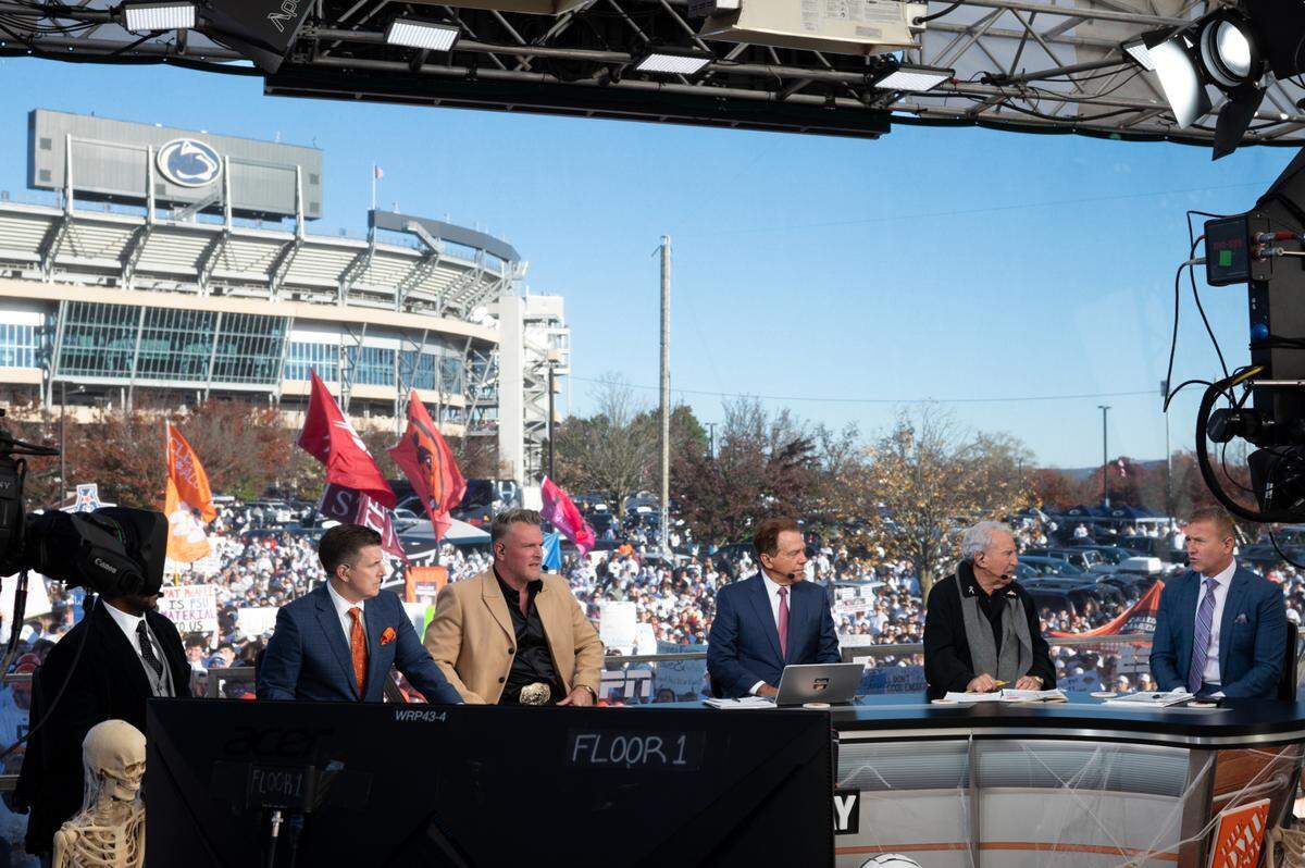 Hosts for ESPN College GameDay gather in front of Beaver Stadium on Saturday, Nov. 2, 2024
