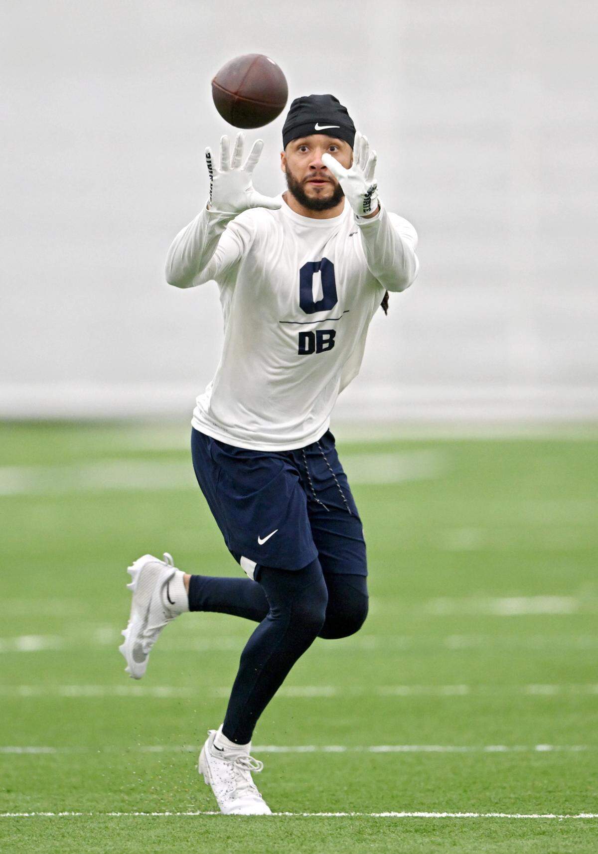 Safety Jonathan Sutherland makes a catch during a position drill at Penn State football’s Pro Day on Friday, March 24, 2023.
