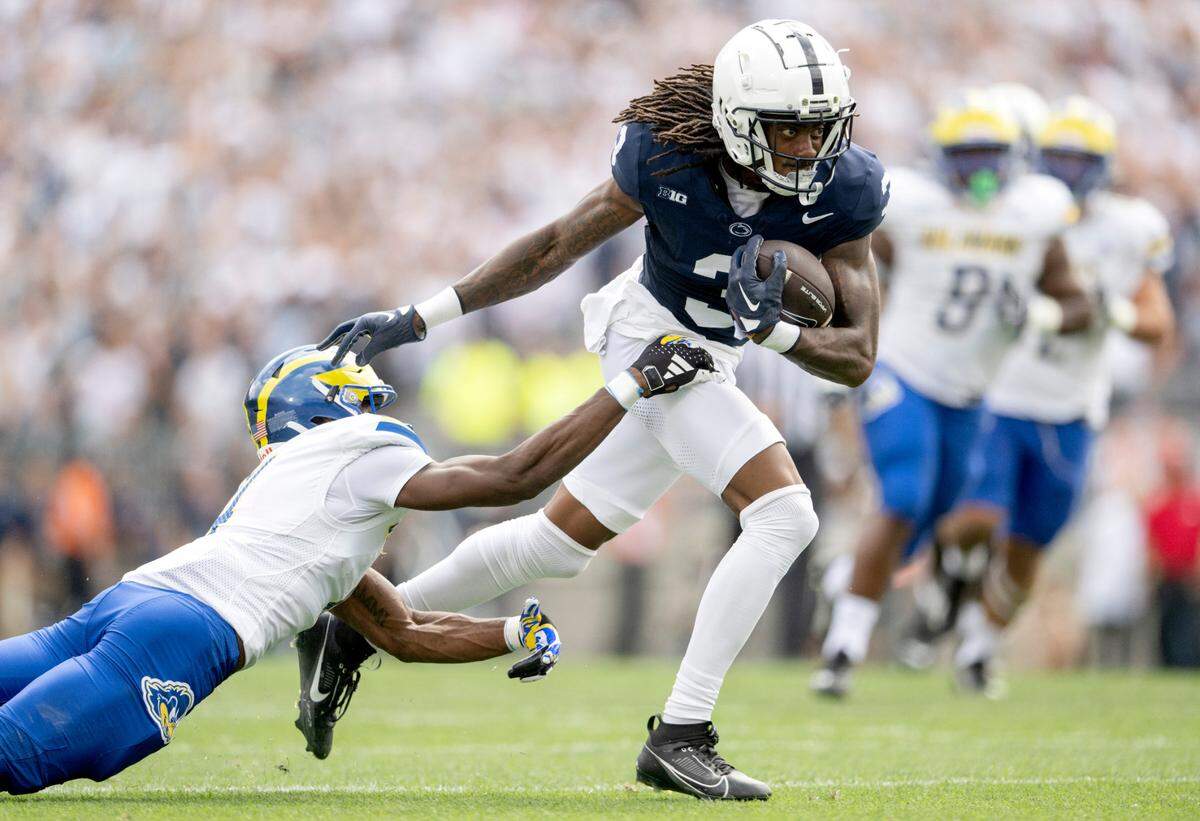 A Delaware defender can’t stop Penn State wide receiver Dante Cephas during the game on Saturday, Sept. 9, 2023.