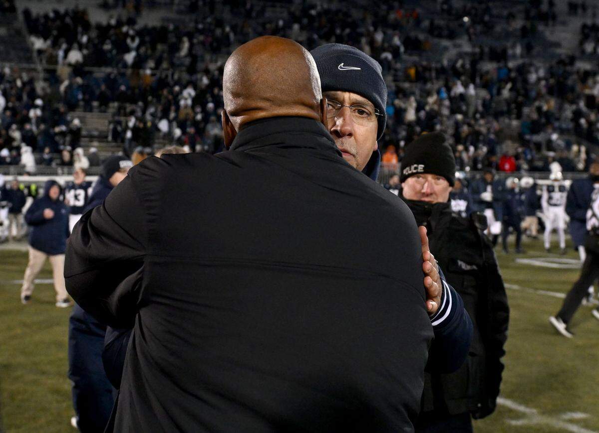 Maryland coach Michael Locksley and Penn State football coach James Franklin have a tense exchange after Saturday’s game at Beaver Stadium.