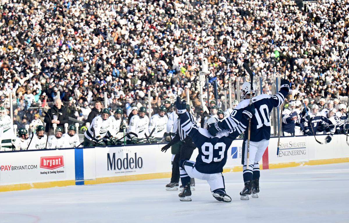 Penn State's Shea Van Olm celebrates his goal during the third period of the game against Michigan State on Saturday, Jan. 31, 2026 at Beaver Stadium.