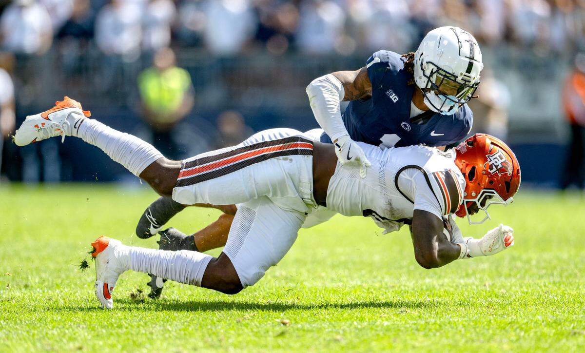 Penn State safety Jaylen Reed stops Bowling Green’s Harold Fannin Jr. during the game on Saturday, Sept. 7, 2024.