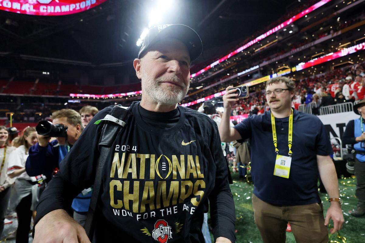 Ohio State Buckeyes defensive coordinator Jim Knowles celebrates after winning against the Notre Dame Fighting Irish in the CFP National Championship college football game at Mercedes-Benz Stadium. Knowles was recently hired as Penn State’s new defensive coordinator.
