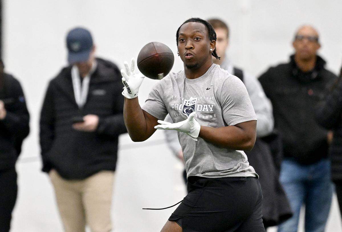 RB Kaytron Allen makes a catch during Penn State Pro Day on Wednesday, March 18, 2026.  