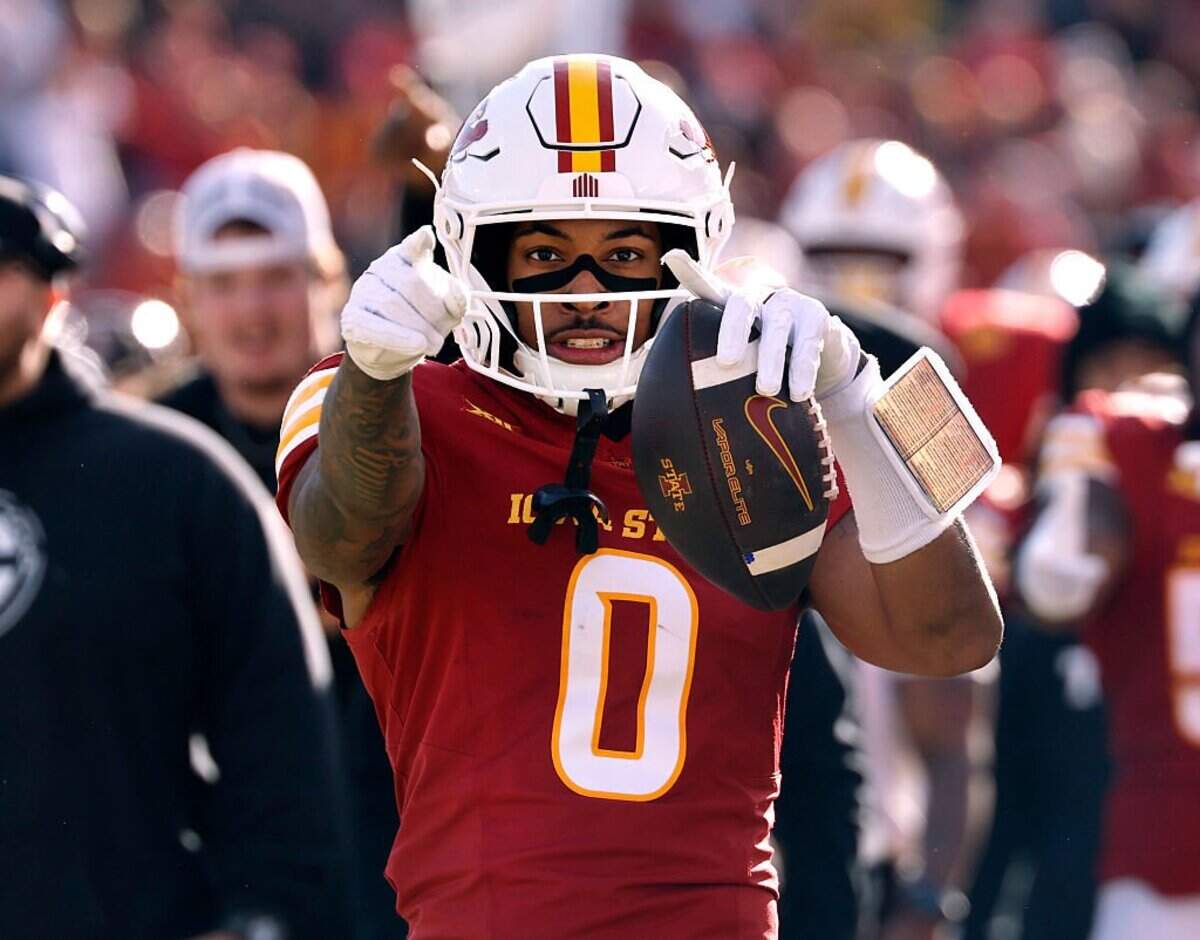 AMES, IA - NOVEMBER 22: Wide receiver Chase Sowell #0 of the Iowa State Cyclones reacts after rushes for yards to get a first down in the second half of play against the Kansas Jayhawks at Jack Trice Stadium on November 22, 2025, in Ames, Iowa. The Iowa State Cyclones won 38-14 over the Kansas Jayhawks. (Photo by David Purdy/Getty Images)