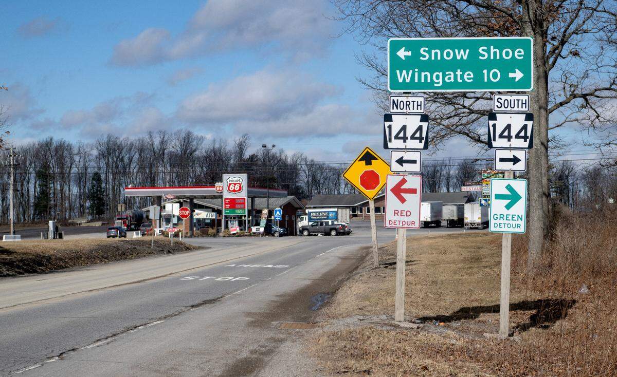 As motorists get off the Snow Shoe exit from Interstate 80, they come to an intersection with a Phillips 66 gas station and the former Rees’ Exit 22 Restaurant on Thursday, Feb. 23, 2023.