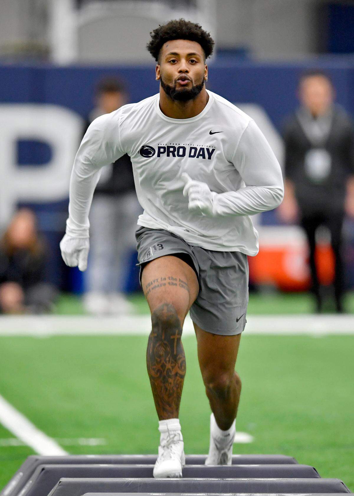 Linebacker Ellis Brooks runs a drill for scouts during Penn State pro day on Thursday, March 24, 2022.